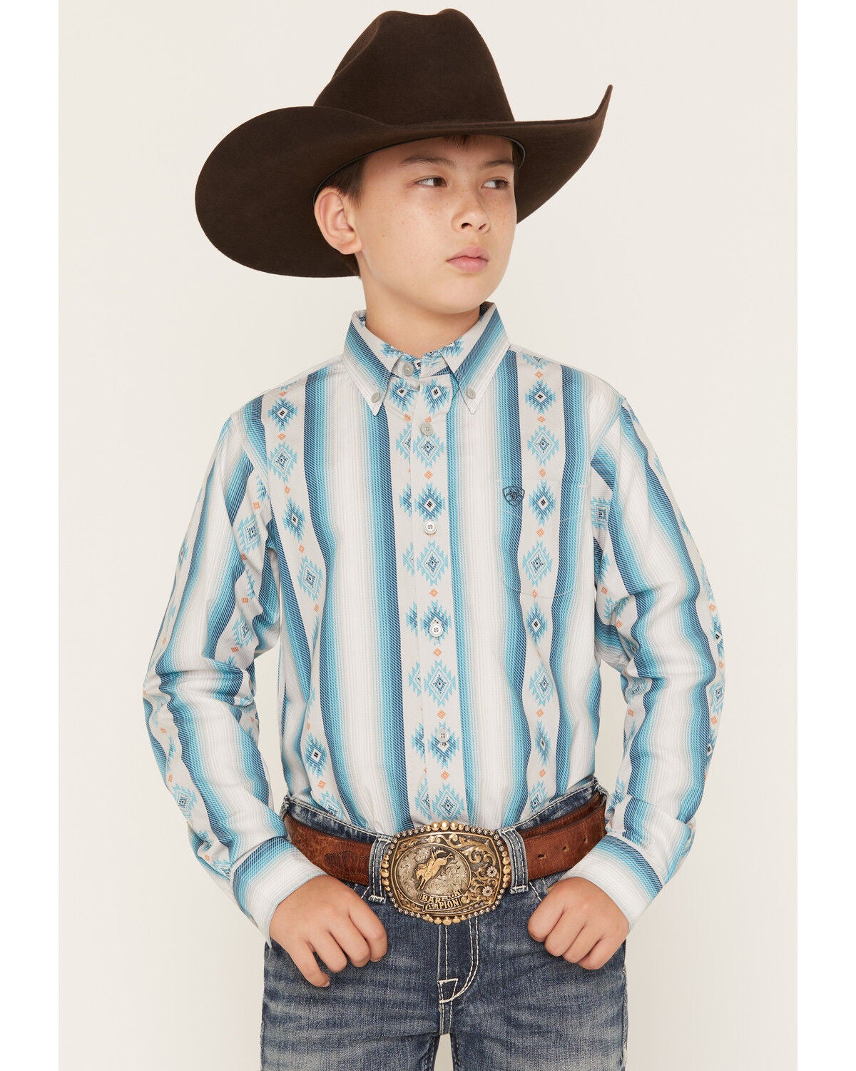 Ariat Boys' Southwestern Serape Striped Long Sleeve Button-Down Western Shirt, Grey, hi-res