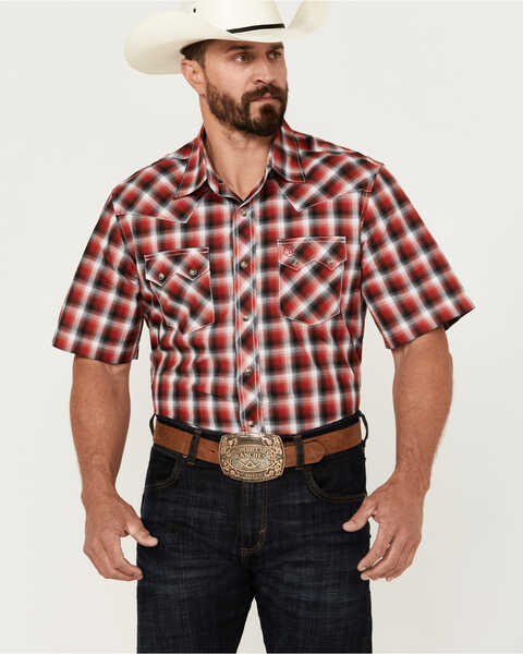 Wrangler Retro Men's Plaid Print Short Sleeve Snap Western Shirt, Red, hi-res