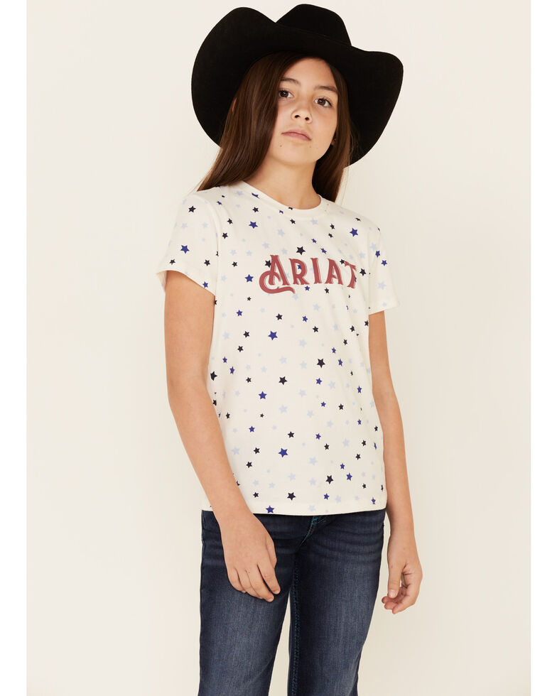 Ariat Girls' R.E.A.L Bespangled Star Print Logo Graphic Short Sleeve Tee, White, hi-res