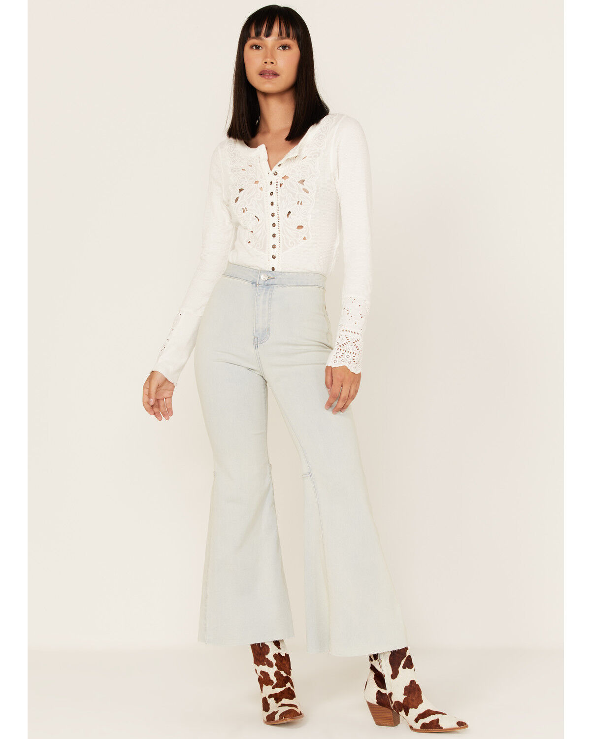 Image #1 - Free People Women's Light Wash High Rise Youthquake Cropped Flare Jeans, Light Wash, hi-res