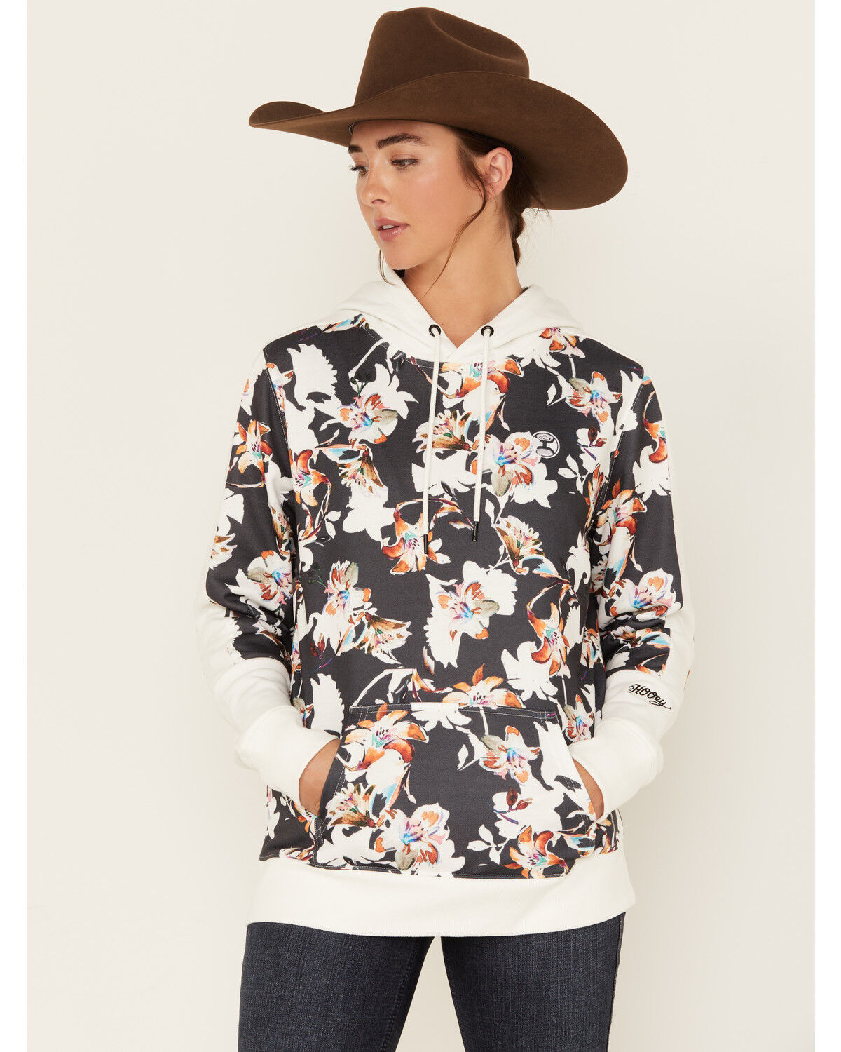 Image #1 - Hooey Women's Boot Barn Exclusive Contrast Floral Print Hoodie, Black, hi-res