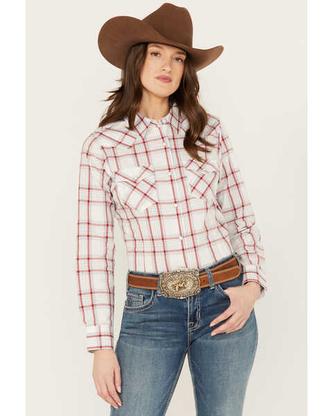 Wrangler Women's Plaid Print Long Sleeve Snap Western Shirt, Blue/red, hi-res