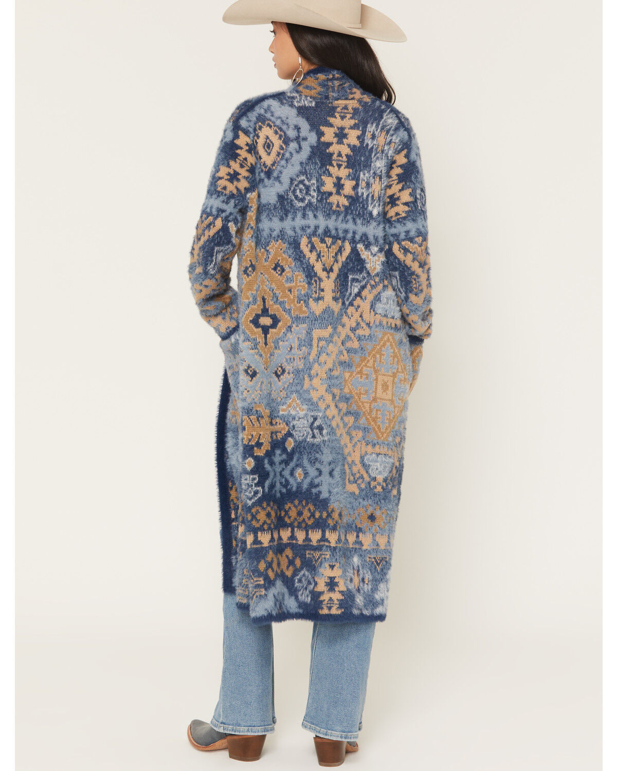 Image #4 - Shyanne Women's Southwestern Print Eyelash Yarn Duster, Navy, hi-res