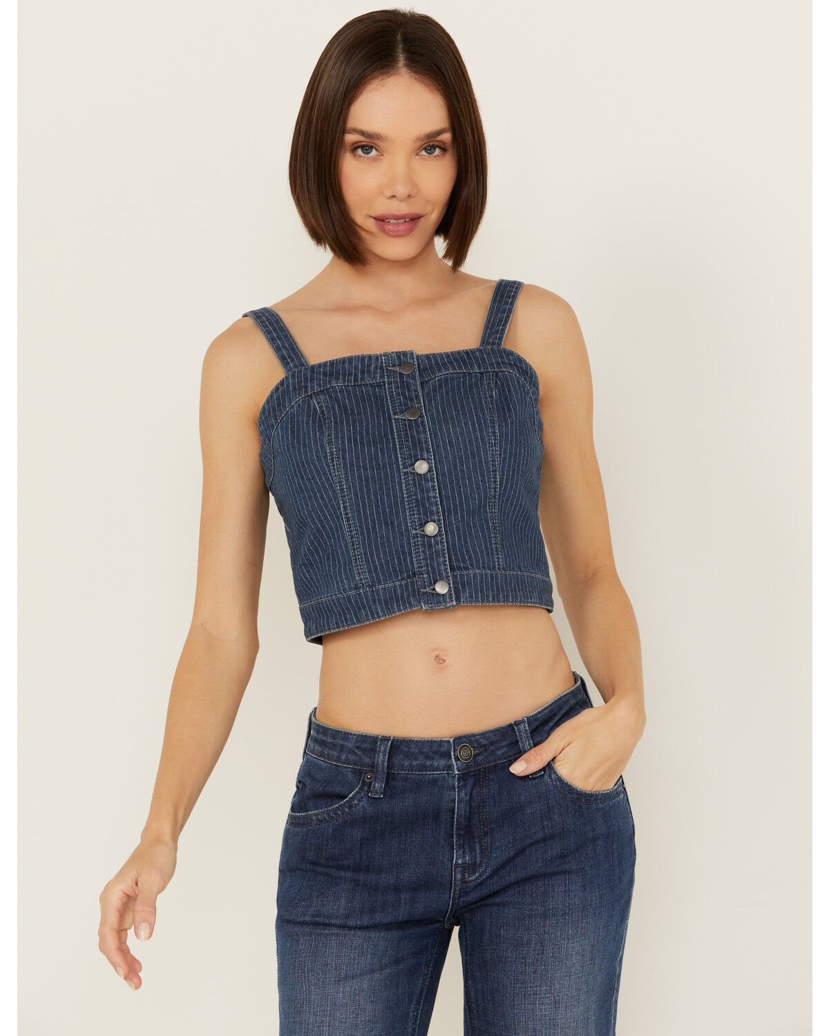 Image #1 - Rock & Roll Denim Women's Dark Wash Pinstripe Denim Corset Crop Top, Dark Wash, hi-res