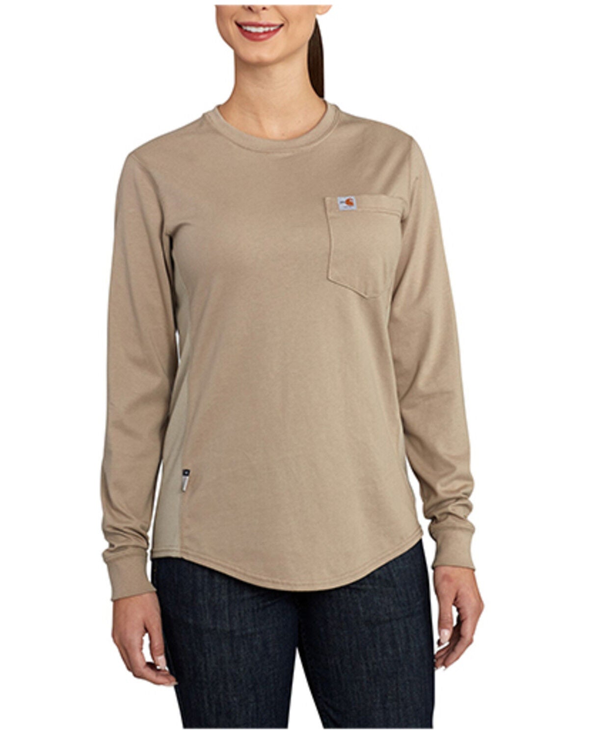 Image #1 - Carhartt Women's Force Crewneck Long Sleeve Shirt, Beige/khaki, hi-res