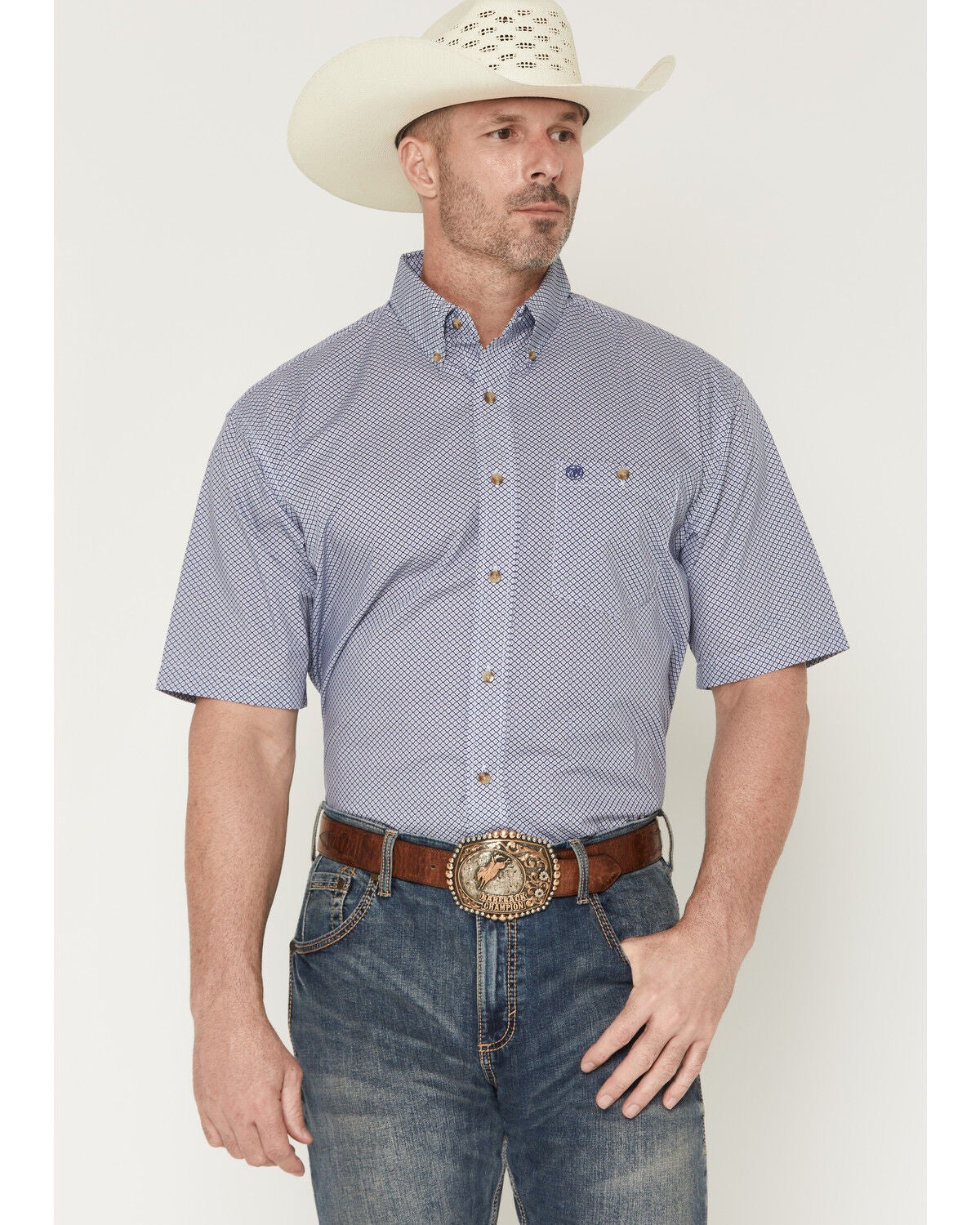 Wrangler Men's Classics Geo Print Short Sleeve Button-Down Western Shirt, Blue, hi-res