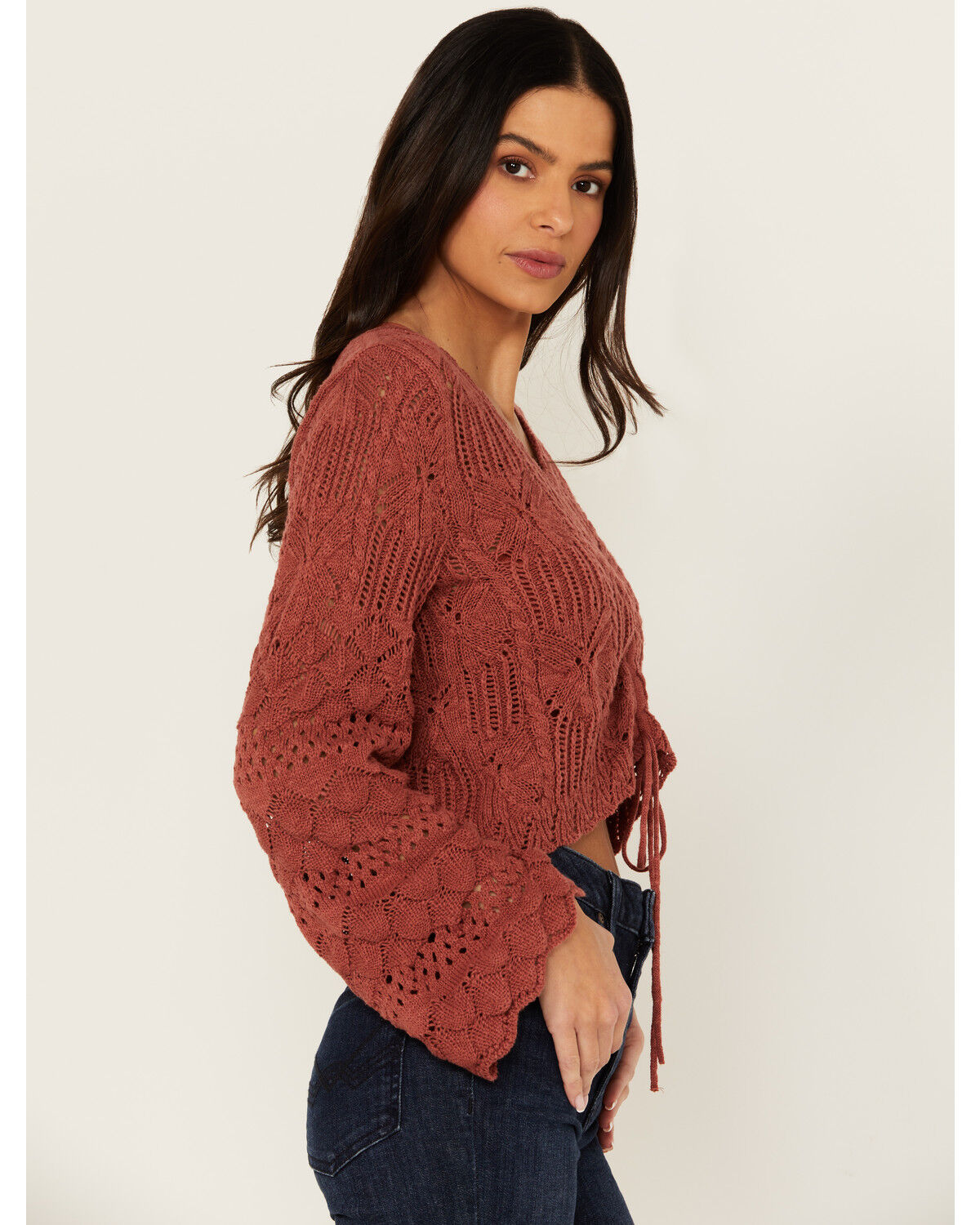 Image #2 - Shyanne Women's Bell Sleeve Cropped Crochet Sweater, Rust Copper, hi-res