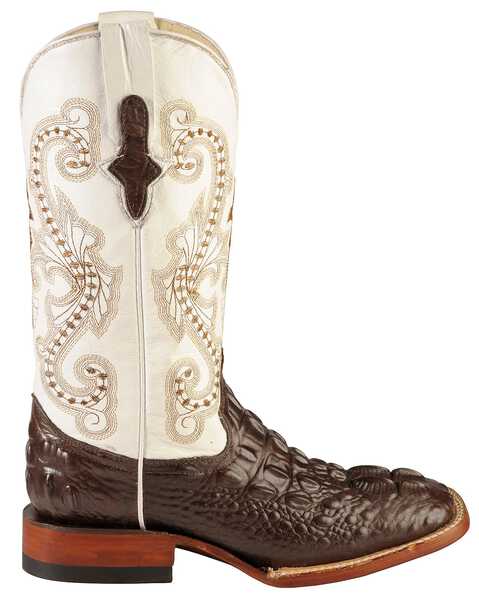 Ferrini Hornback Caiman Print Cowgirl Boots - Wide Square Toe, Chocolate, hi-res