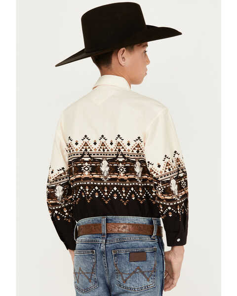 Image #4 - Panhandle Boys' Steer Head Southwestern Border Print Long Sleeve Pearl Snap Shirt, Natural, hi-res