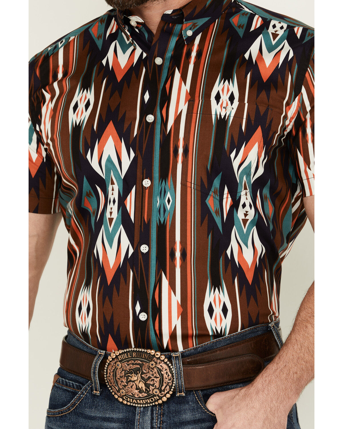 Image #3 - RANK 45® Men's Calvaztec Southwestern Print Short Sleeve Button-Down Stretch Western Shirt, Rust Copper, hi-res