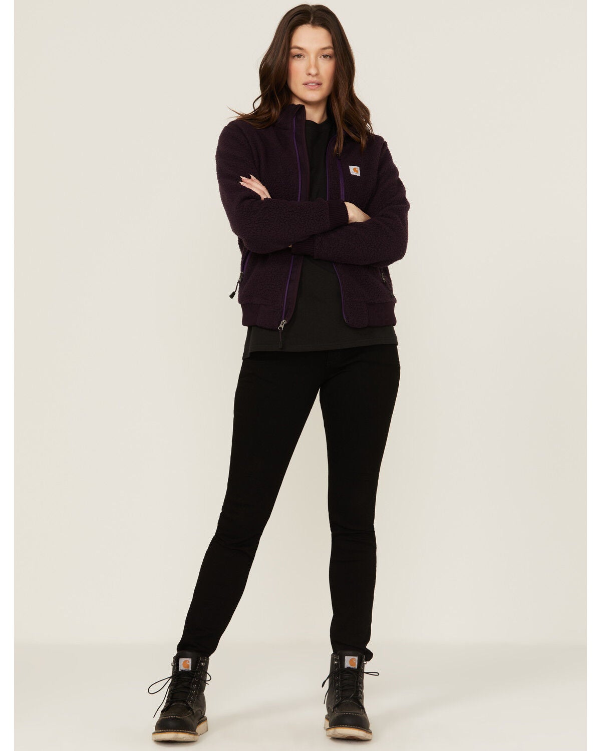 Image #2 - Carhartt Women's Solid Purple Relaxed Fit Zip-Front Sherpa Fleece Work Jacket, Plum, hi-res