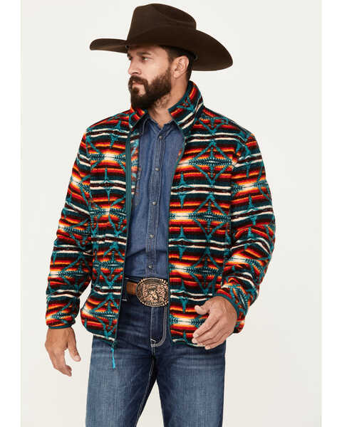 Image #1 - Rock & Roll Denim Men's Southwestern Print Berber Jacket, Teal, hi-res