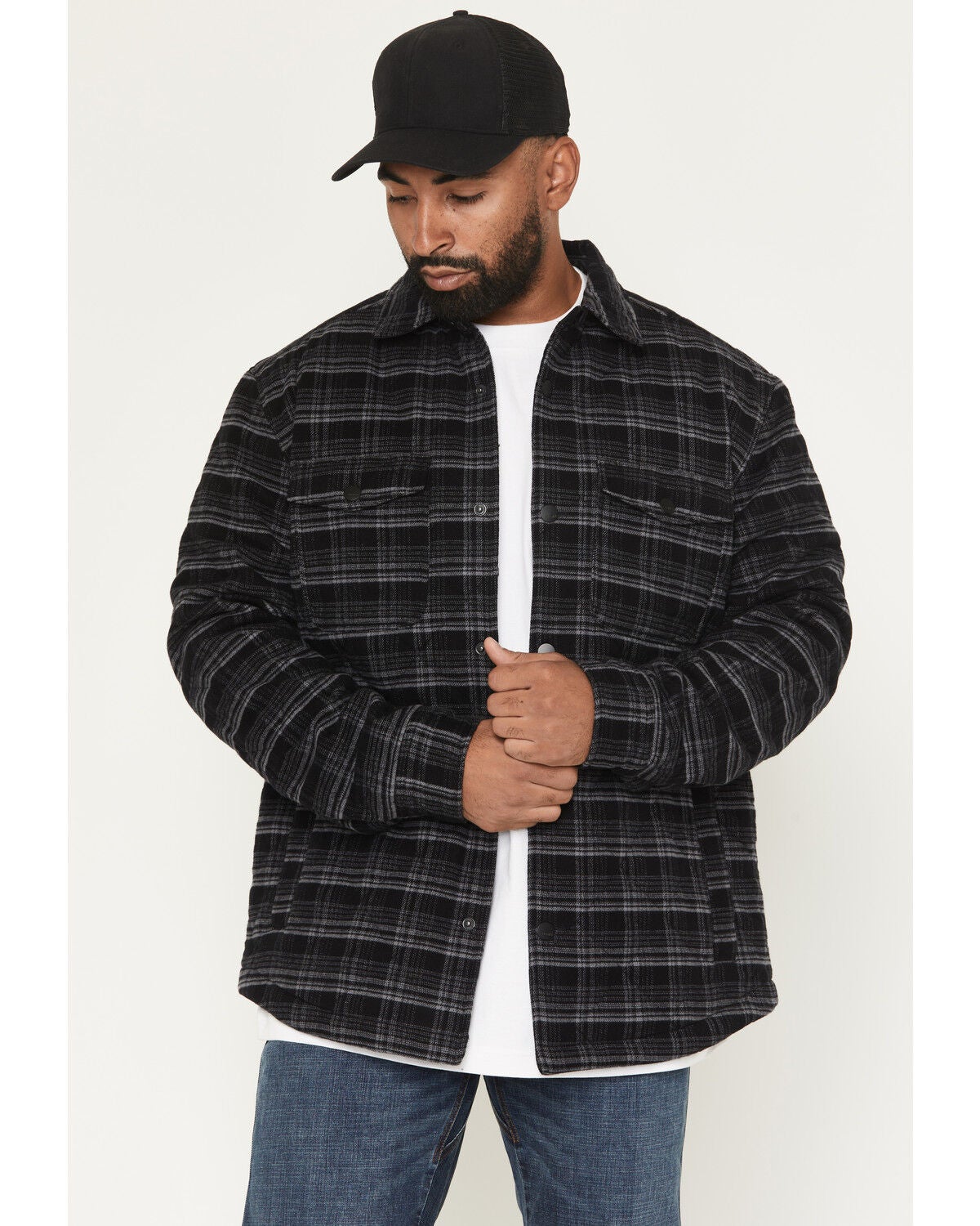 Image #1 - Hawx Men's Harvester Plaid Print Quilted Snap Jacket, Charcoal, hi-res