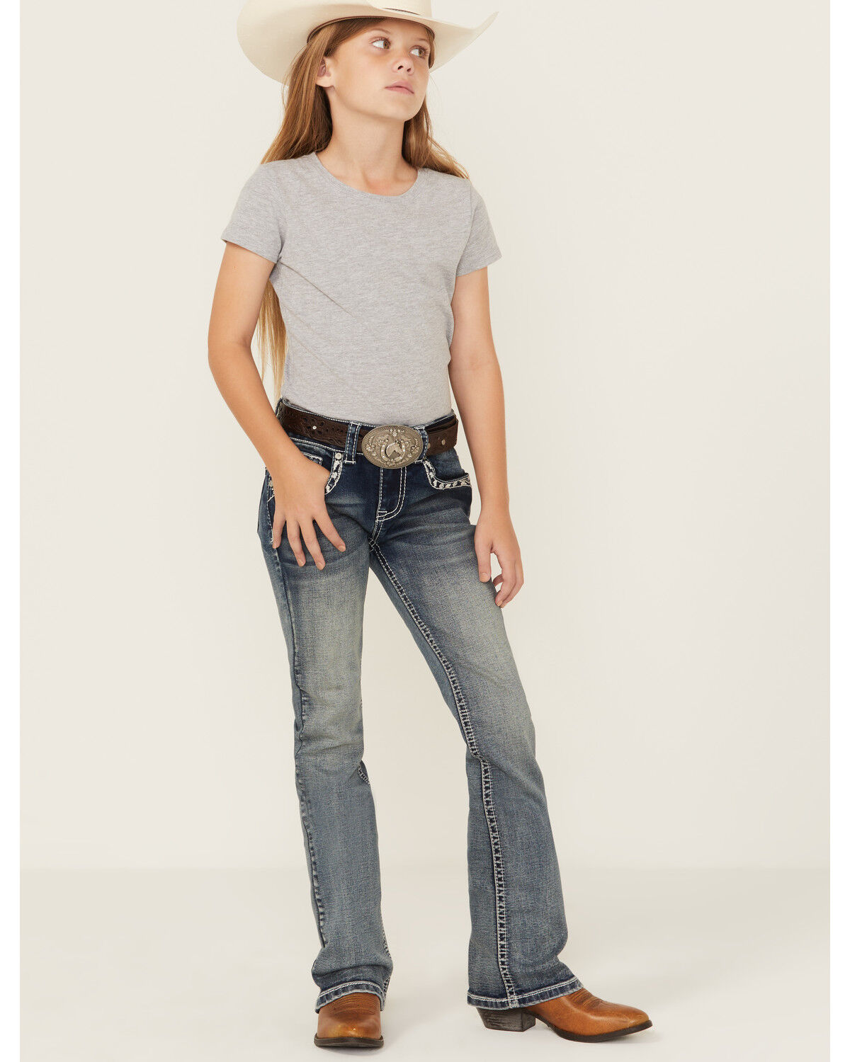 Image #3 - Shyanne Girls' Steerhead Embroidered Bootcut Stretch Denim Jeans, Blue, hi-res