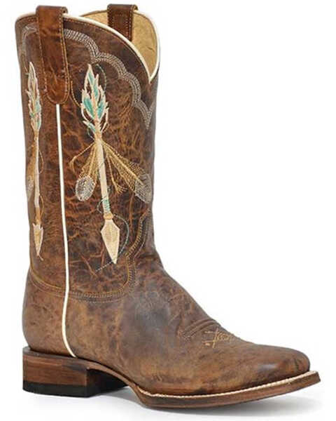 Roper Women's Arrow Feather Wide Calf Embroidered Western Boots - Square Toe , Tan, hi-res