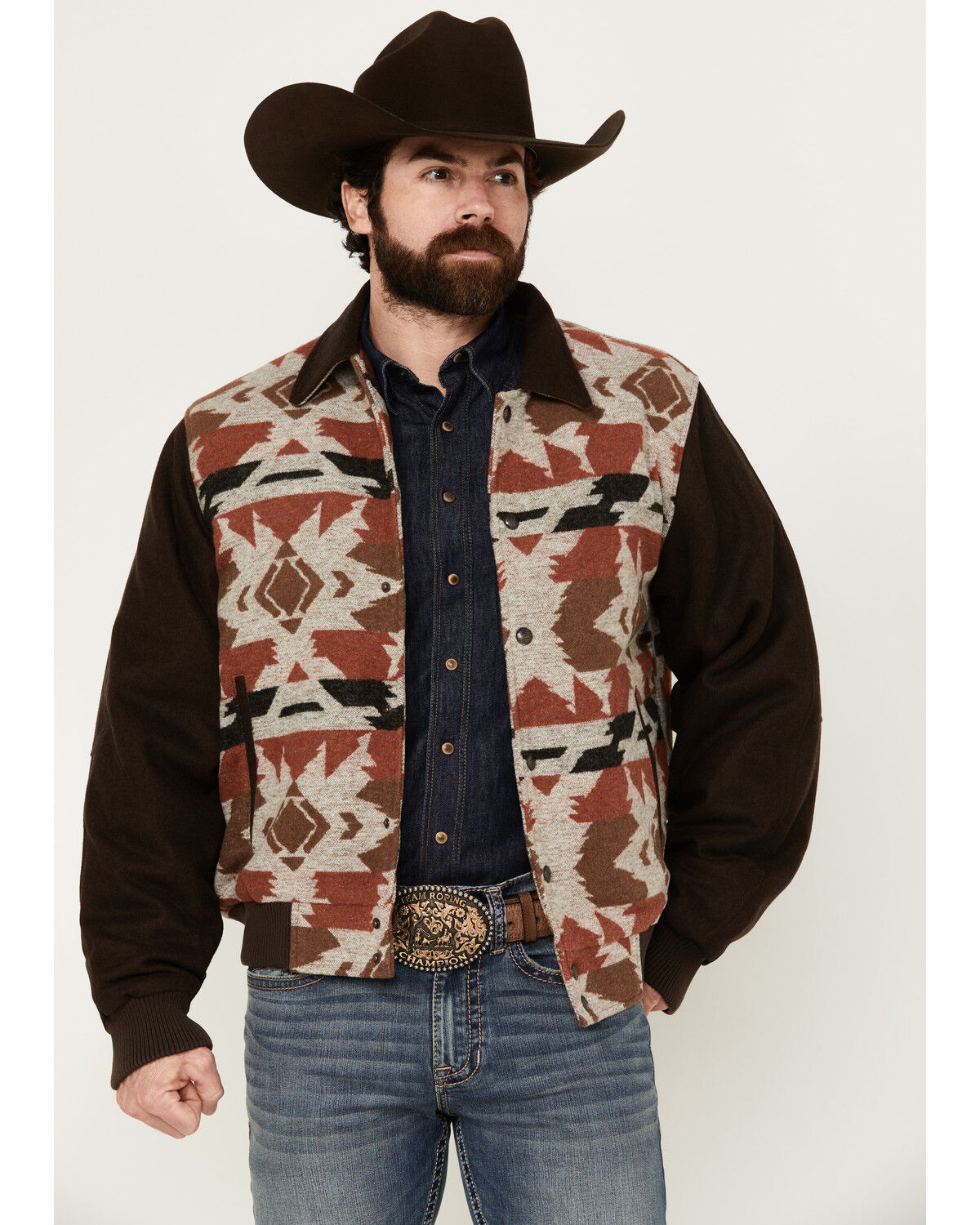 Image #1 - Cripple Creek Men's Brown Navajo Blanket Print Snap-Front Bomber Jacket, Brown, hi-res