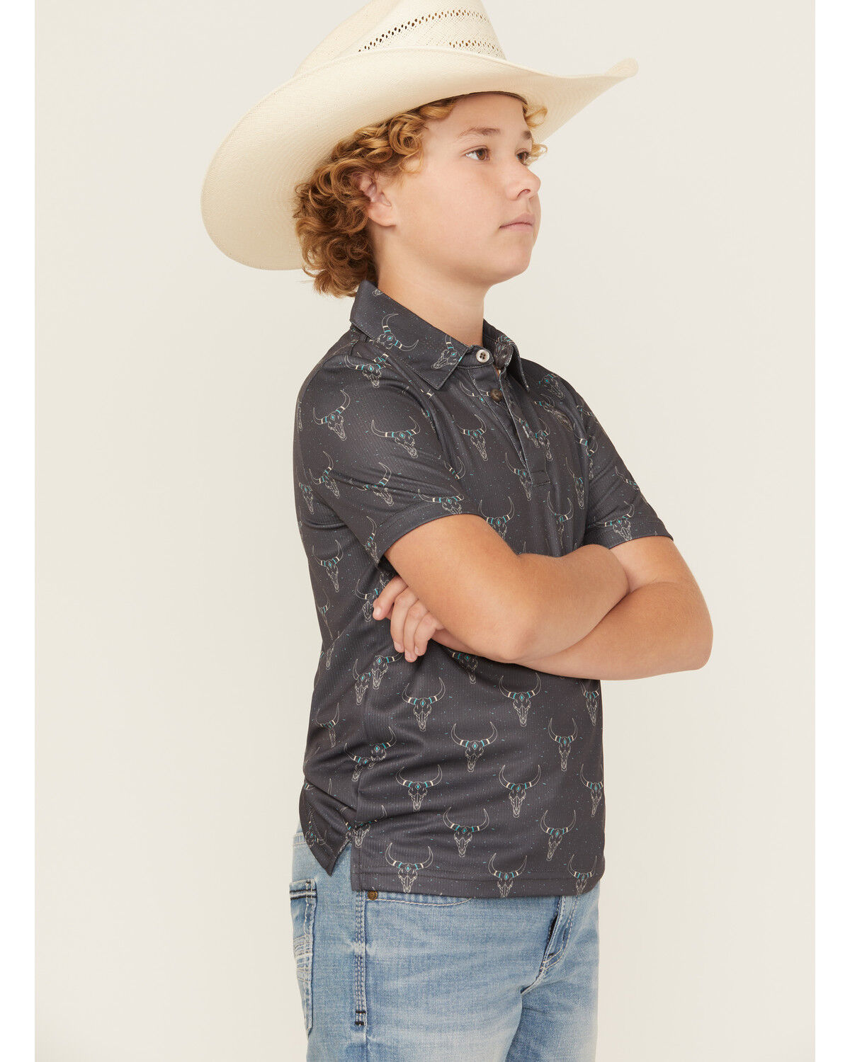 Image #3 - Rock & Roll Denim Boys' Long Horn Print Short Sleeve Button-Down Polo, Black, hi-res