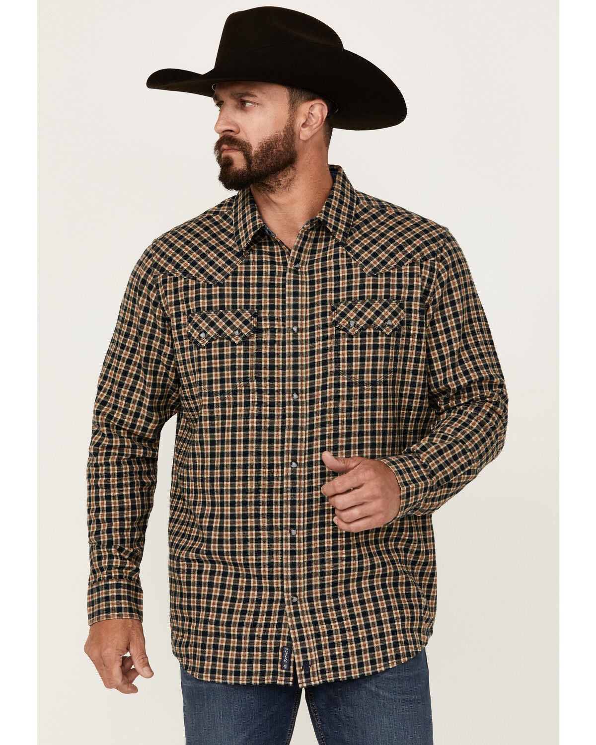 Moonshine Spirit&reg; Men's Bar Table Plaid Print Long Sleeve Snap Western Shirt, Navy, hi-res