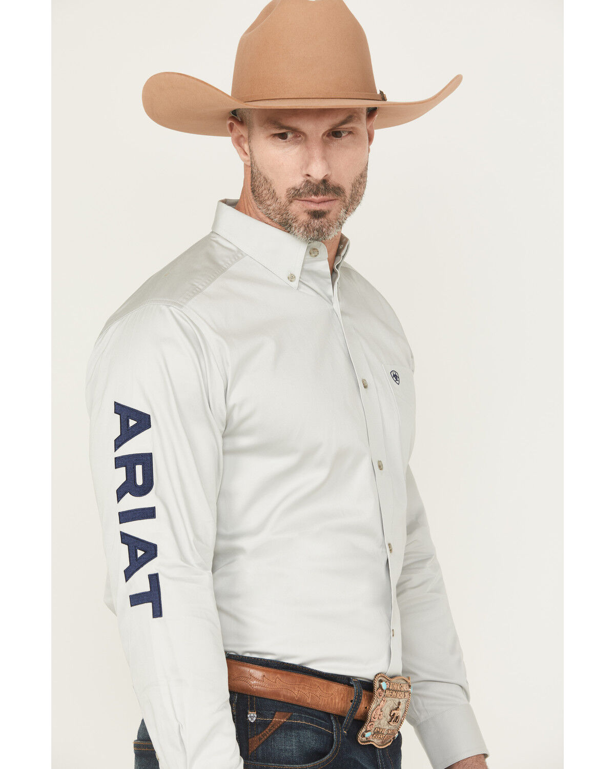 Image #1 - Ariat Men's Team Logo Twill Solid Long Sleeve Button-Down Western Shirt, Light Grey, hi-res