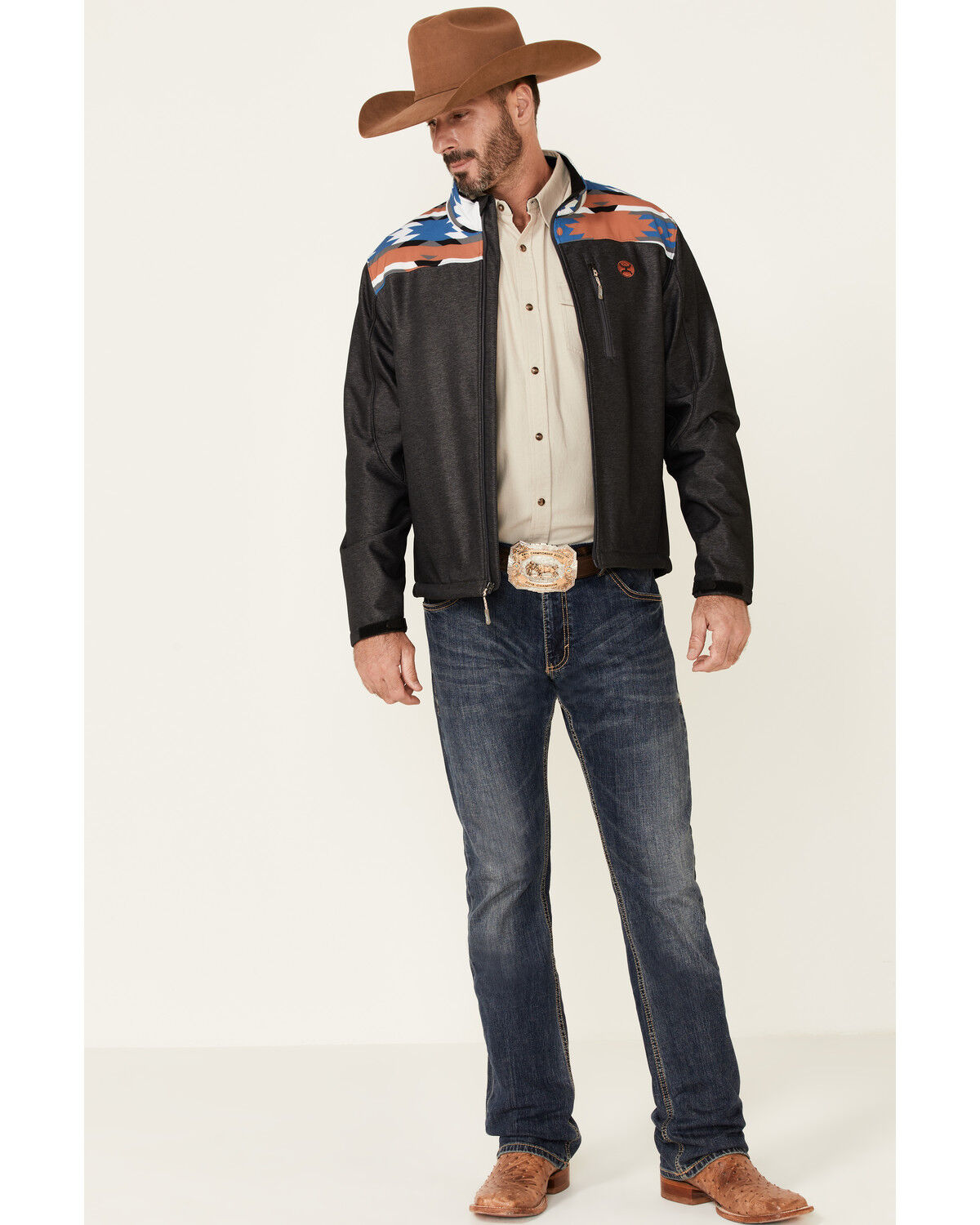 Image #2 - Hooey Men's Southwestern Print Zip-Front Softshell Jacket, Charcoal, hi-res