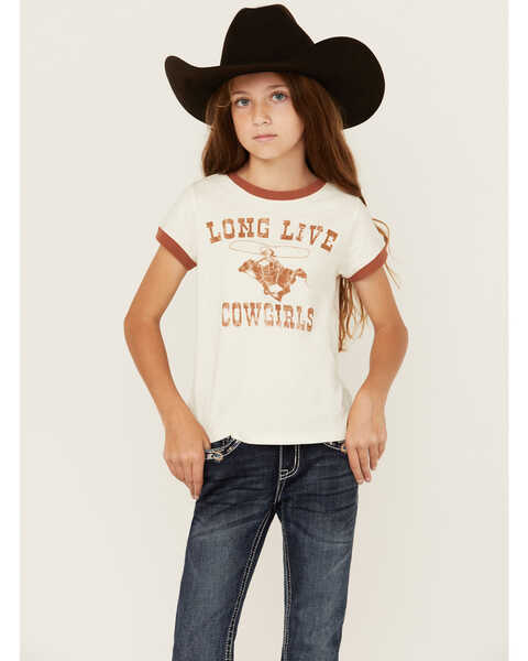 Shyanne Girls' Long Live Cowgirls Short Sleeve Graphic Ringer Tee, Cream, hi-res