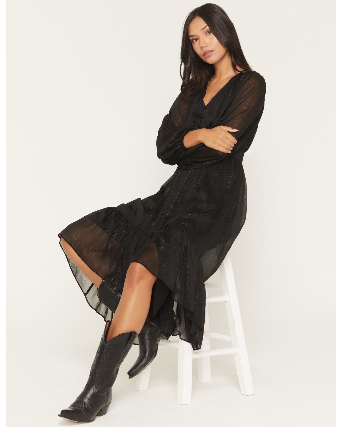 Image #2 - Shyanne Women's Josephine Faux Button-Down Long Sleeve Lurex Midi Dress, Black, hi-res