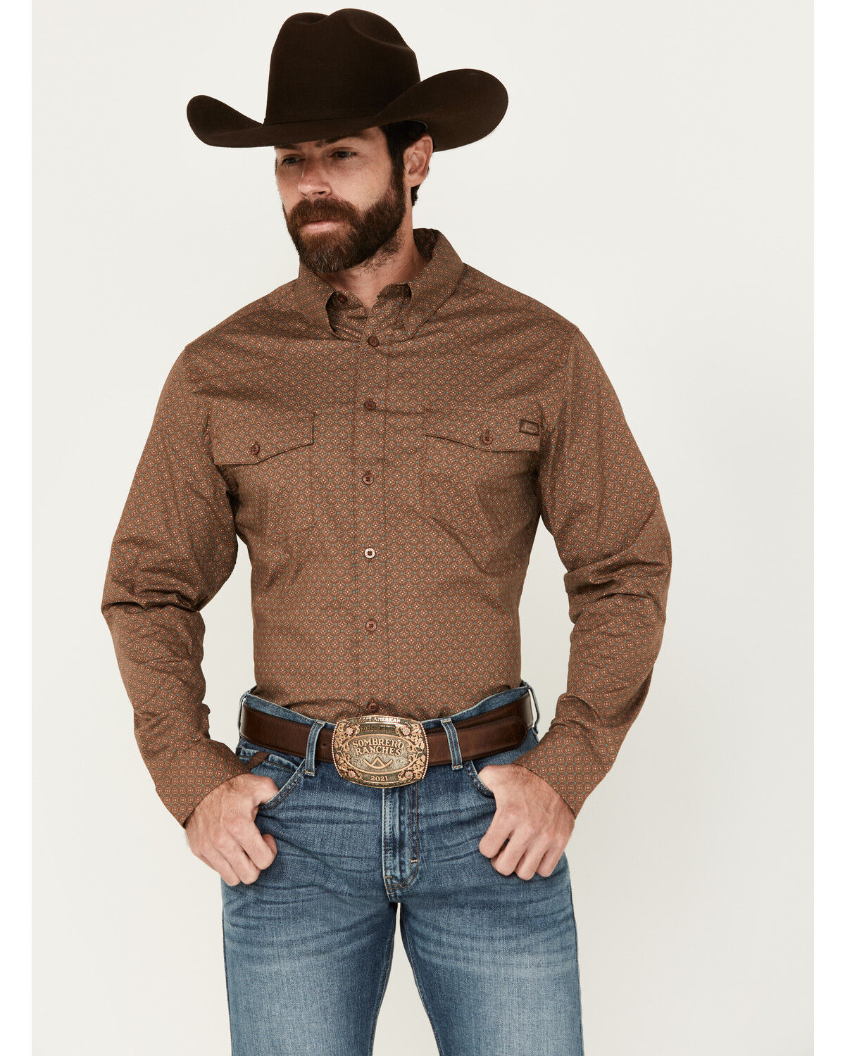 Image #1 - Justin Men's Boot Barn Exclusive Geo Print Long Sleeve Button-Down Western Shirt, Brown, hi-res