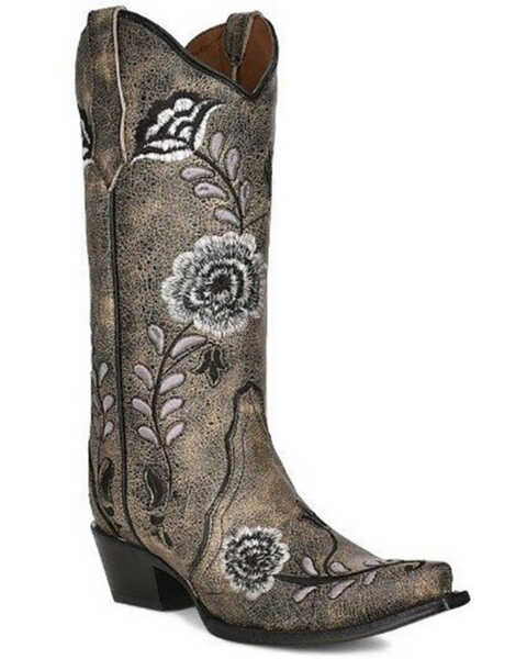 Image #1 - Corral Women's Floral Embroidered Western Boots - Snip Toe, Black/white, hi-res