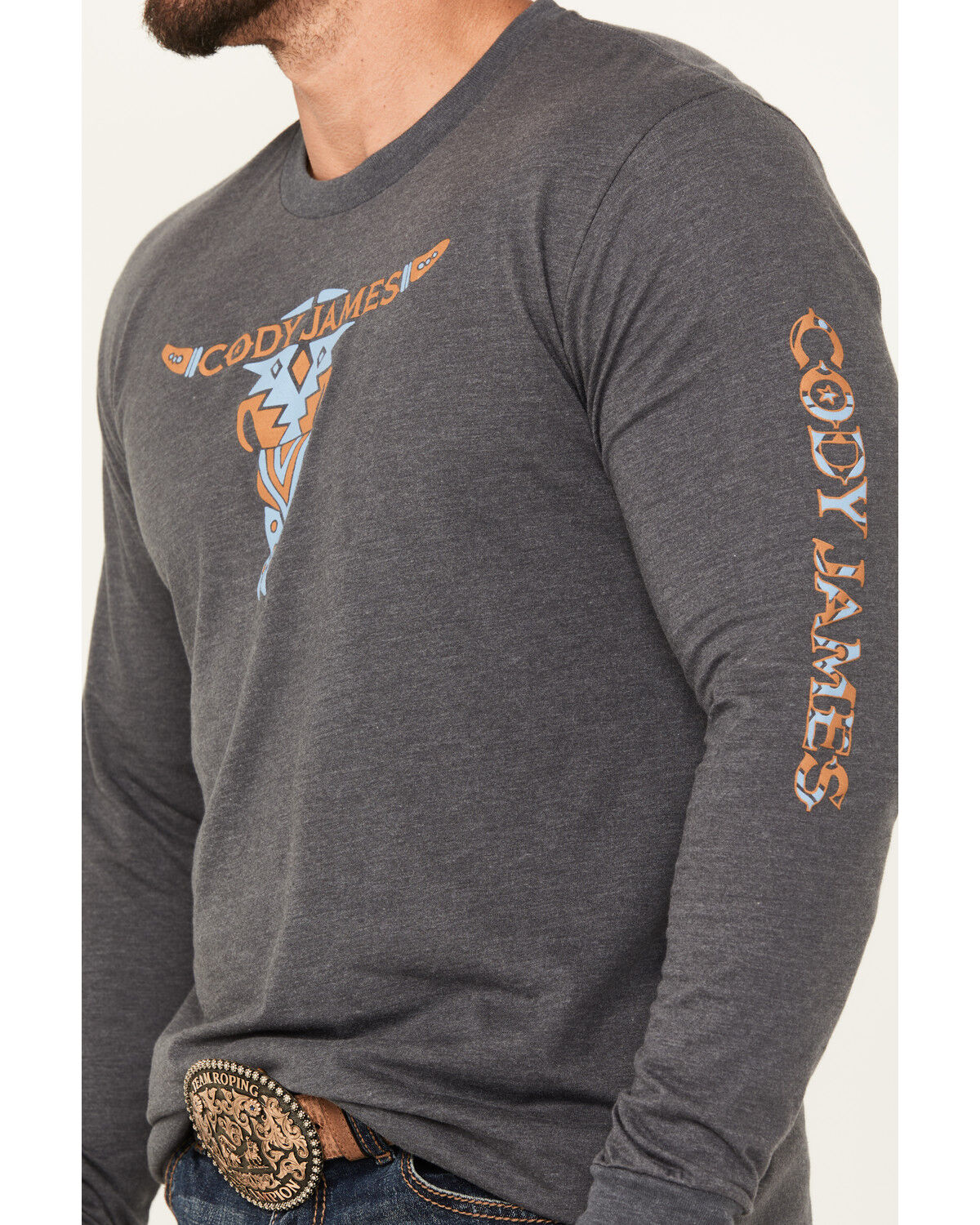 Image #3 - Cody James Men's Tribal Bull Long Sleeve Graphic T-Shirt, Charcoal, hi-res
