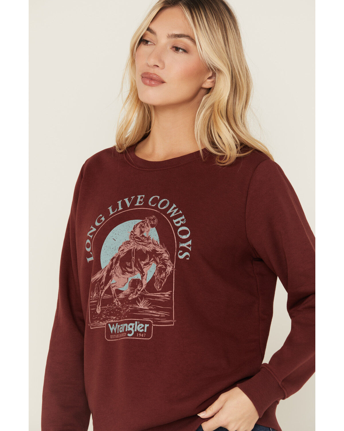 Image #2 - Wrangler Women's Boot Barn Exclusive Long Live Cowboys Graphic Crewneck, Burgundy, hi-res