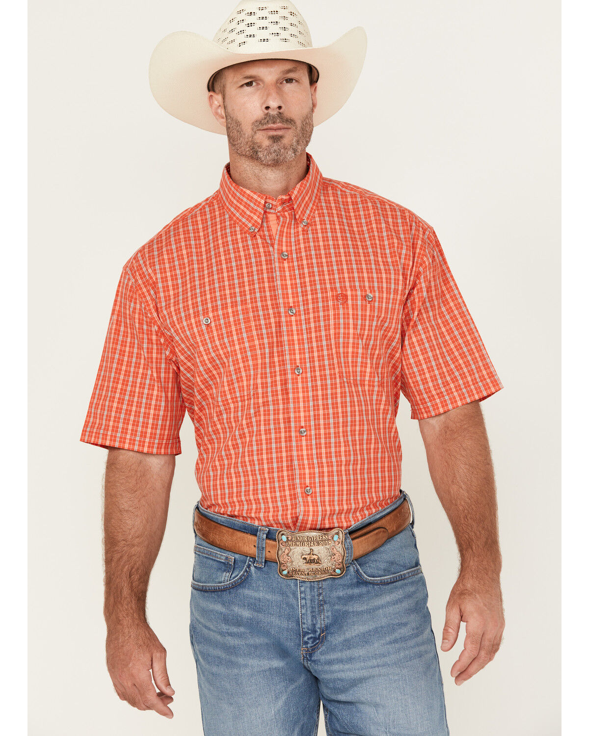 Image #1 - George Strait by Wrangler Men's Plaid Print Short Sleeve Button-Down Stretch Western Shirt, Red, hi-res