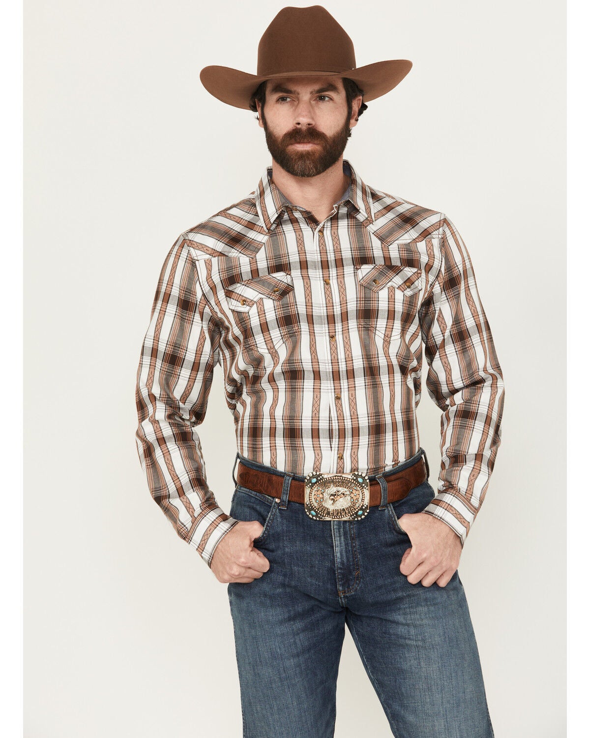 Image #1 - Cody James Men' Rodeo Plaid Print Long Sleeve Snap Western Shirt, Tan, hi-res