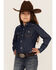 Wrangler Girls' Dark Wash Embroidered Long Sleeve Western Denim Snap Shirt, Blue, hi-res