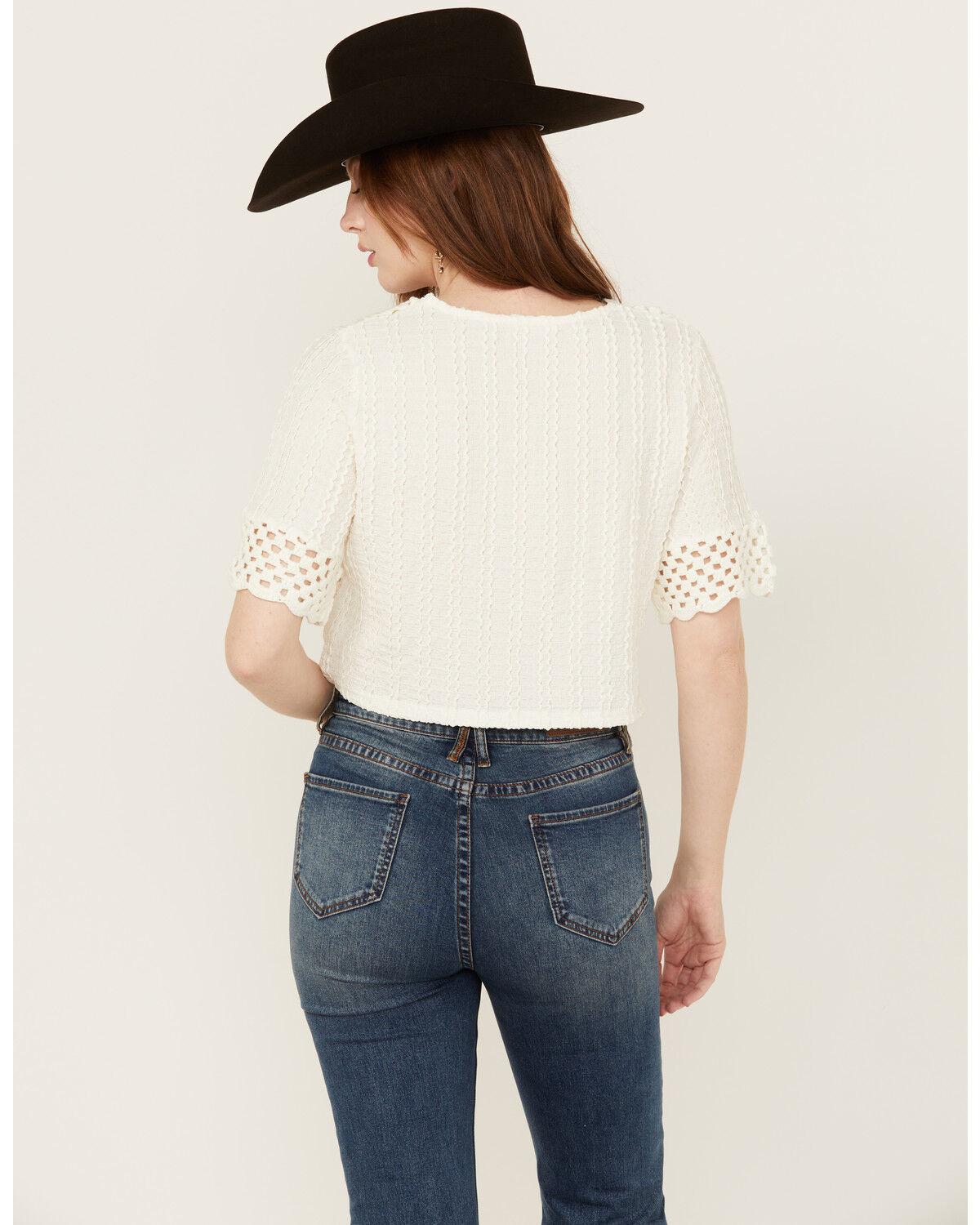 Image #4 - Miss Me Women's Crochet Hem Short Sleeve Blouse, White, hi-res