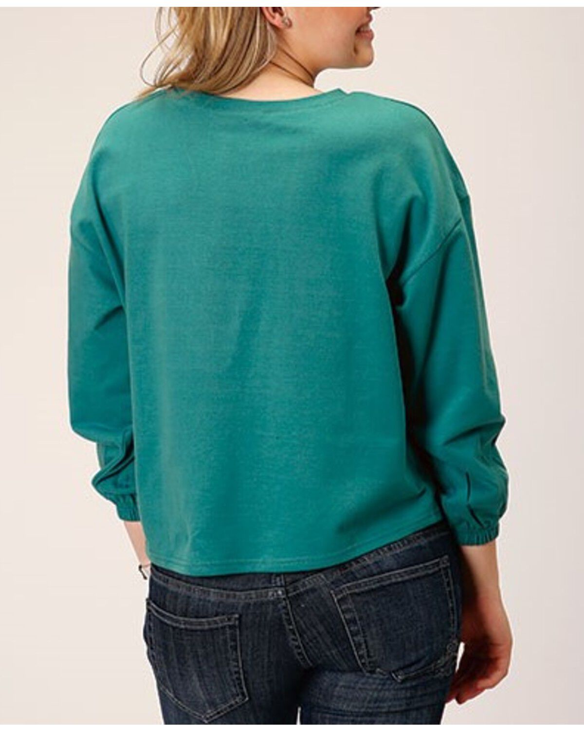 Image #2 - Roper Women's Micro French Terry Sweatshirt, Turquoise, hi-res