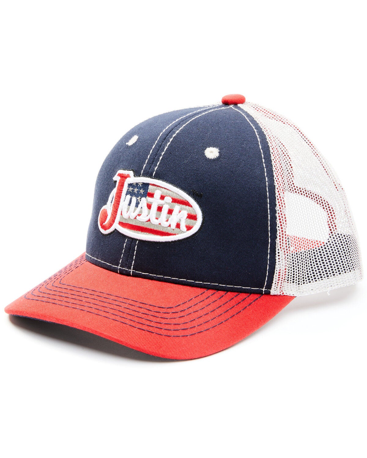 Justin Men's Navy Red & White Embroidered Flag Logo Mesh-Back Ball Cap, Navy, hi-res