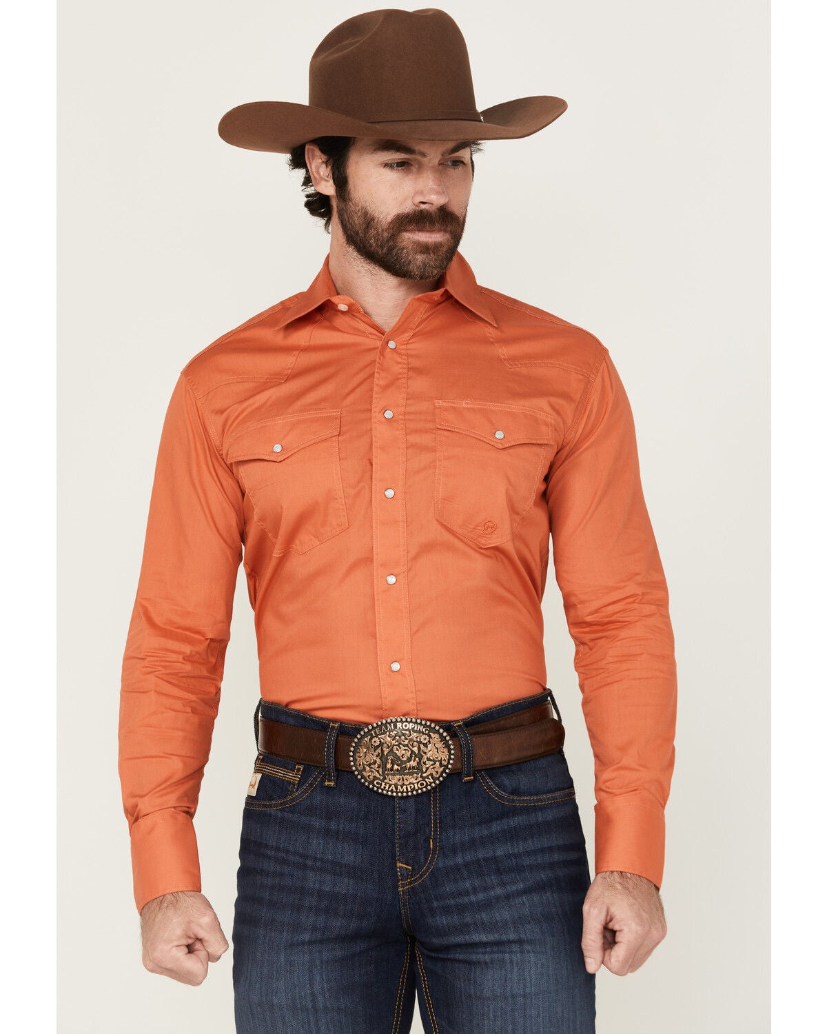 Roper Men's Basic Solid Long Sleeve Western Shirt, Orange, hi-res