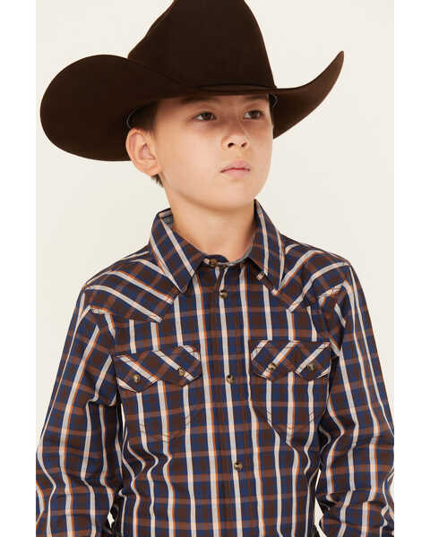 Image #2 - Cody James Boys' Joe Plaid Print Long Sleeve Snap Western Shirt, Brown, hi-res
