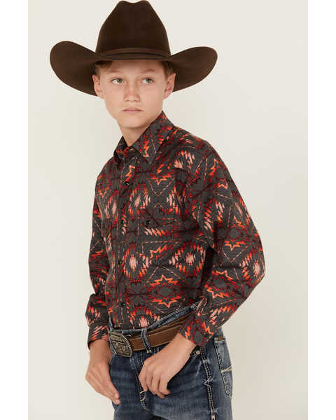 Image #2 - Panhandle Boys' Southwestern Print Long Sleeve Snap Western Shirt , Orange, hi-res