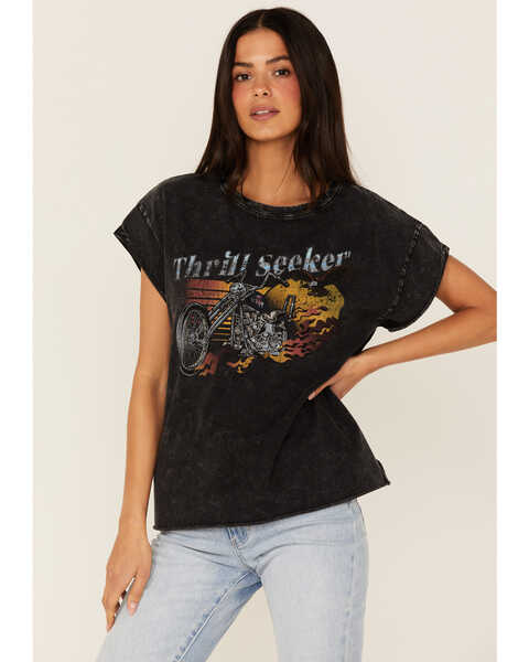 Image #1 - Cleo + Wolf Women's Thrill Seeker Moto Graphic Relaxed Tee, Black, hi-res