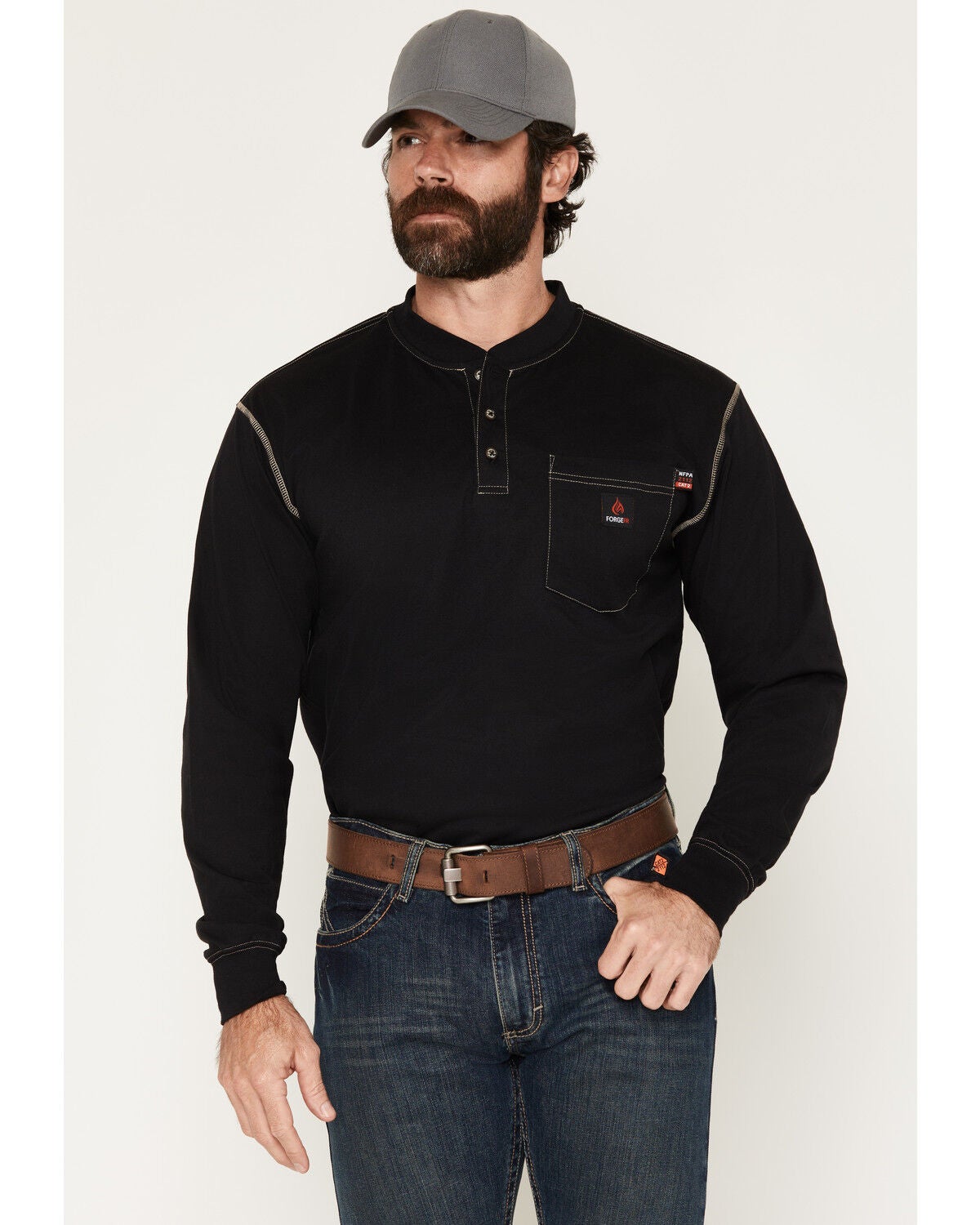 Image #1 - Forge Workwear Men's FR Lightweight Long Sleeve 1/4 Button-Down Henley Work Shirt, Black, hi-res