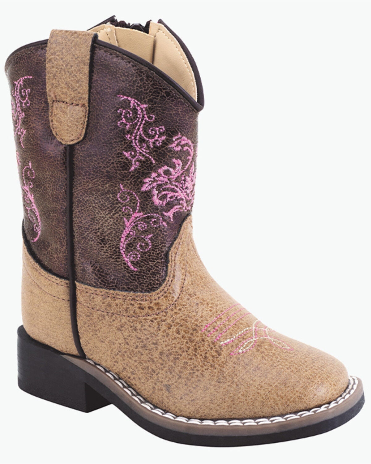 Old West Toddler Girls' Embroidered Western Boots - Broad Square Toe, Tan, hi-res