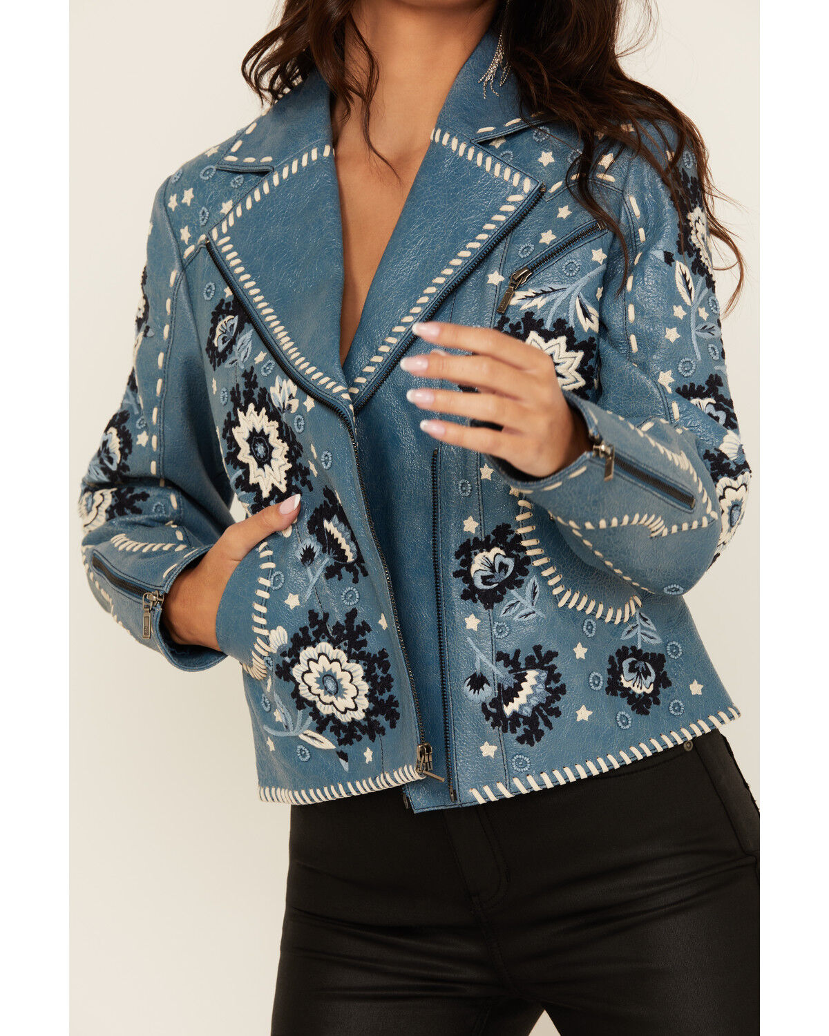Image #3 - Double D Ranch Women's Floral Leather Jacket, Blue, hi-res
