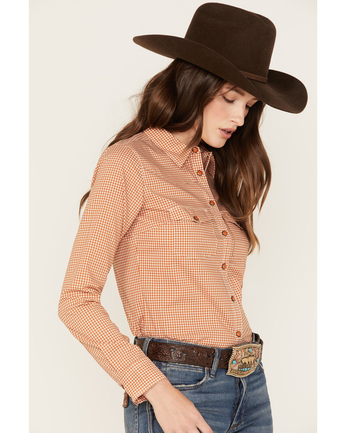 Image #2 - RANK 45® Women's Print Long Sleeve Vented Western Performance Shirt, Pecan, hi-res