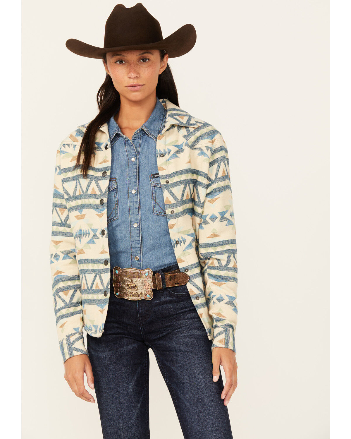 Image #1 - Outback Trading Co Women's Hazel Southwestern Print Long Sleeve Snap Western Shirt, Tan, hi-res