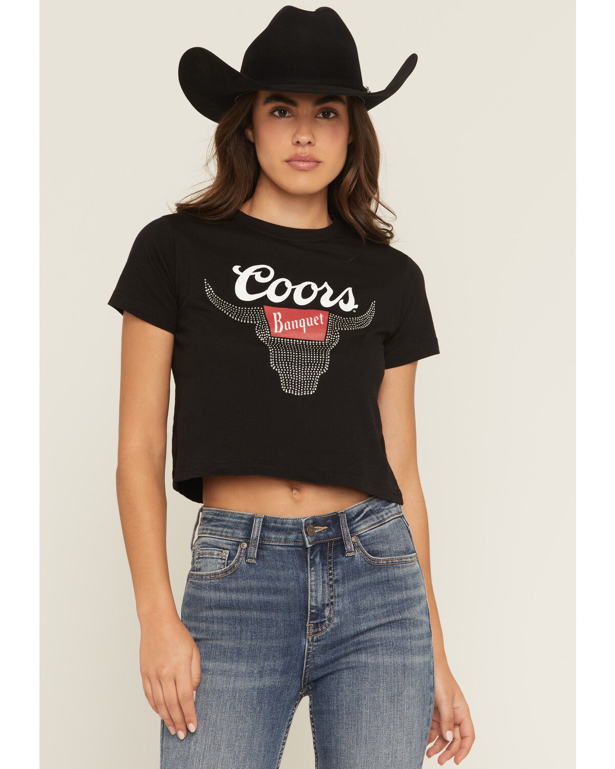 Image #1 - Coors Women's Logo Cattle Rhinestone Short Sleeve Cropped Graphic Tee, Black, hi-res