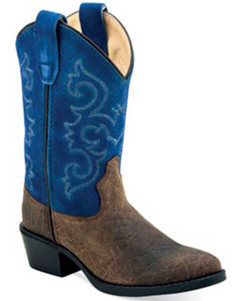 Old West Boys' Bull Hide Print Western Boots - Medium Toe, Blue, hi-res