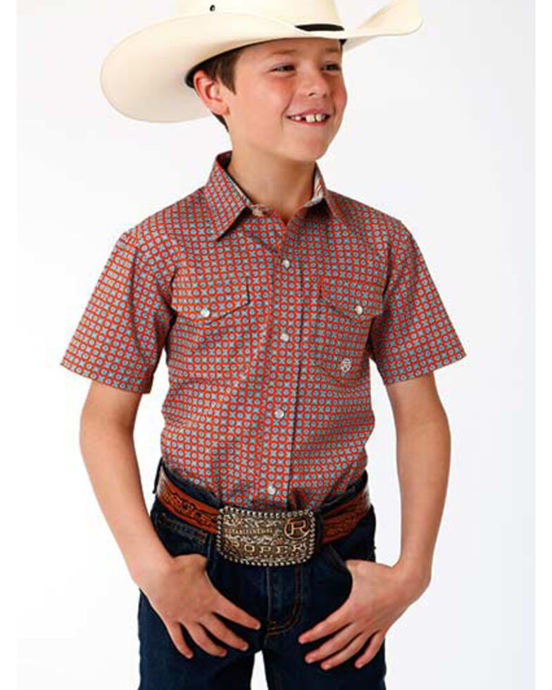  Amarillo Boys' Clay Foulard Geo Print Short Sleeve Western Shirt , Orange, hi-res