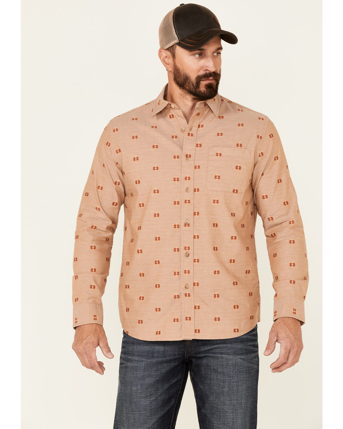 Image #1 - Pendleton Men's All-Over Dobby Chambray Long Sleeve Button Down Western Shirt, Tan, hi-res