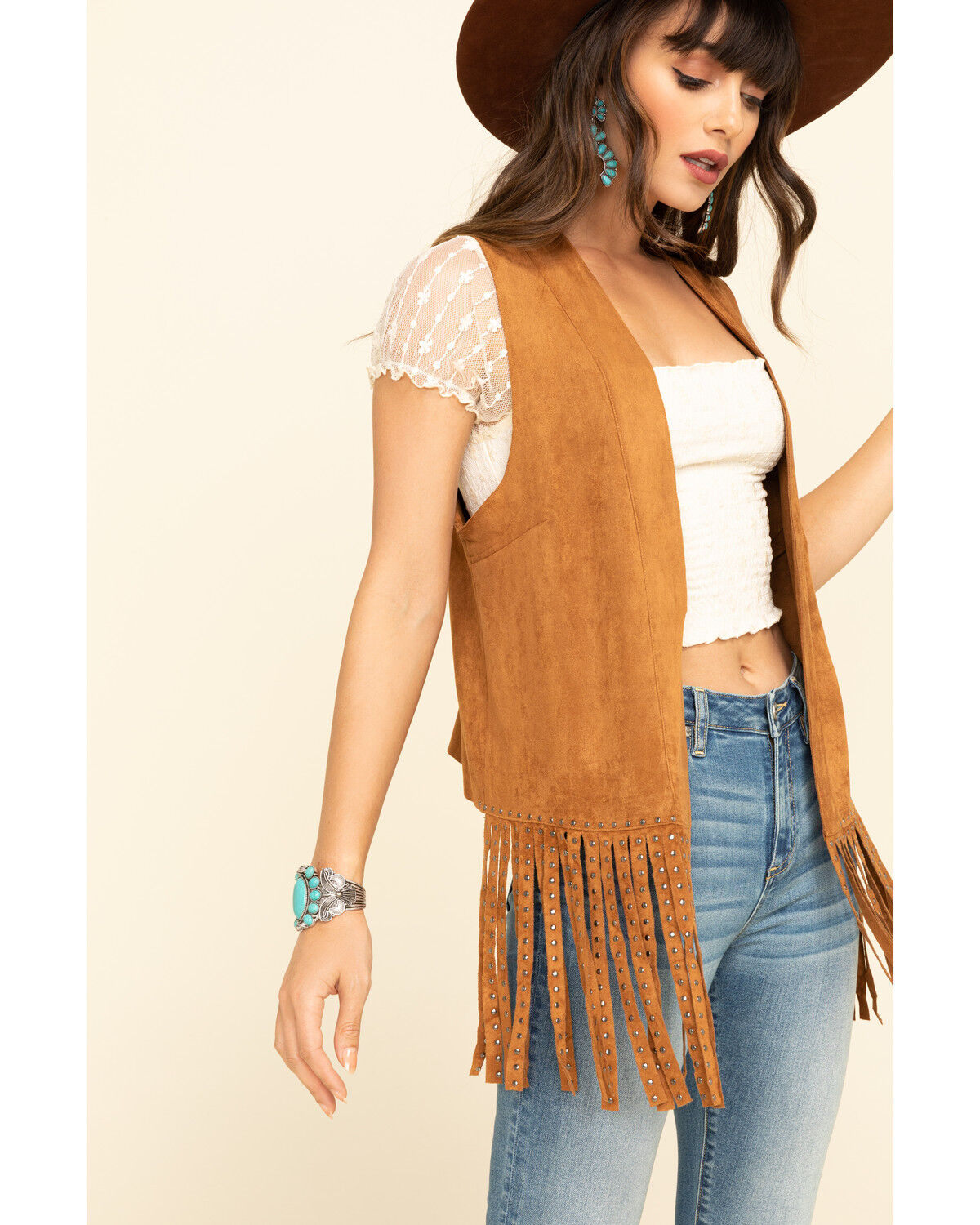 Image #5 - Vocal Women's Studded Fringe Vest, Camel, hi-res